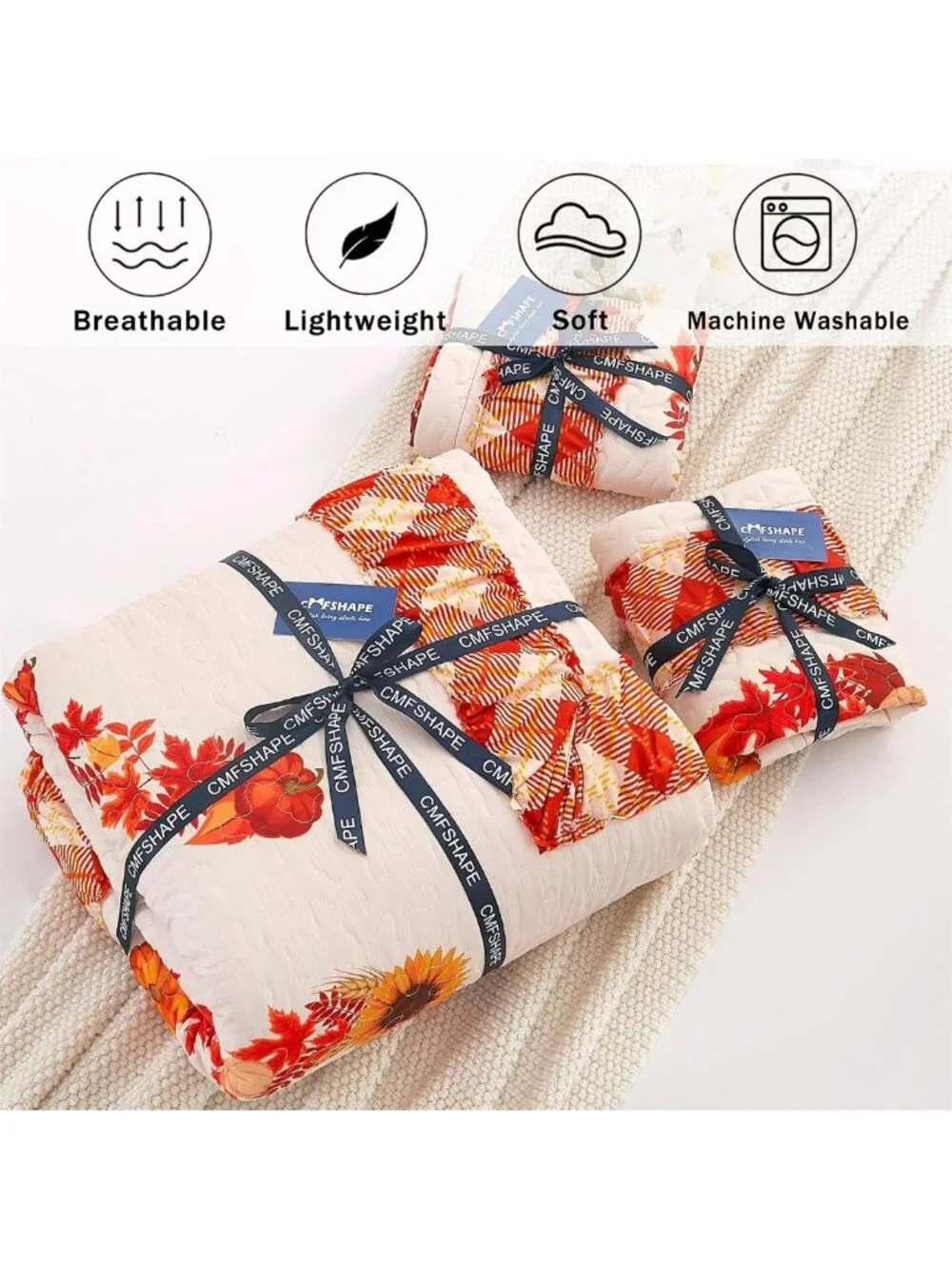 King Size Halloween Quilt Set - Reversible Orange Pumpkin Bedding for Fall Decor